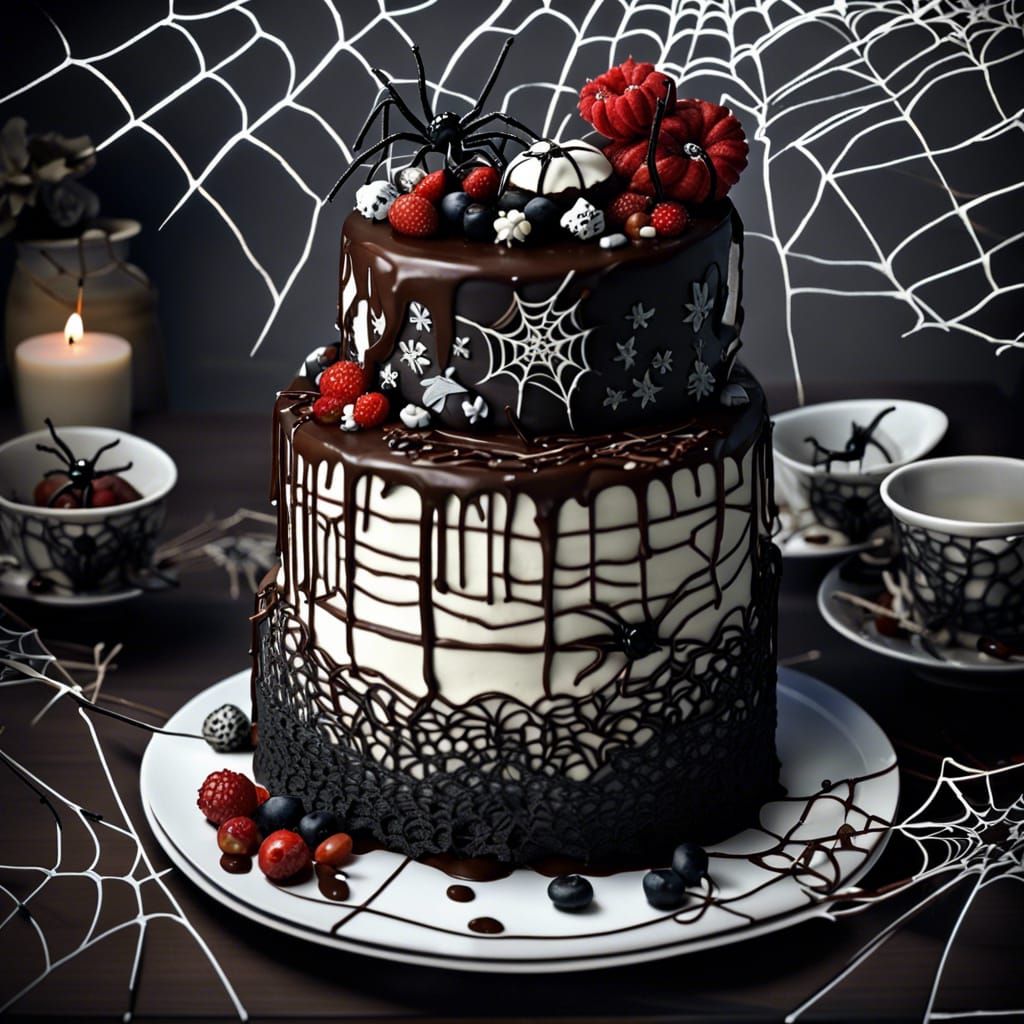 Gothe cake, 5 layers tall, on a table top with black lace ta...