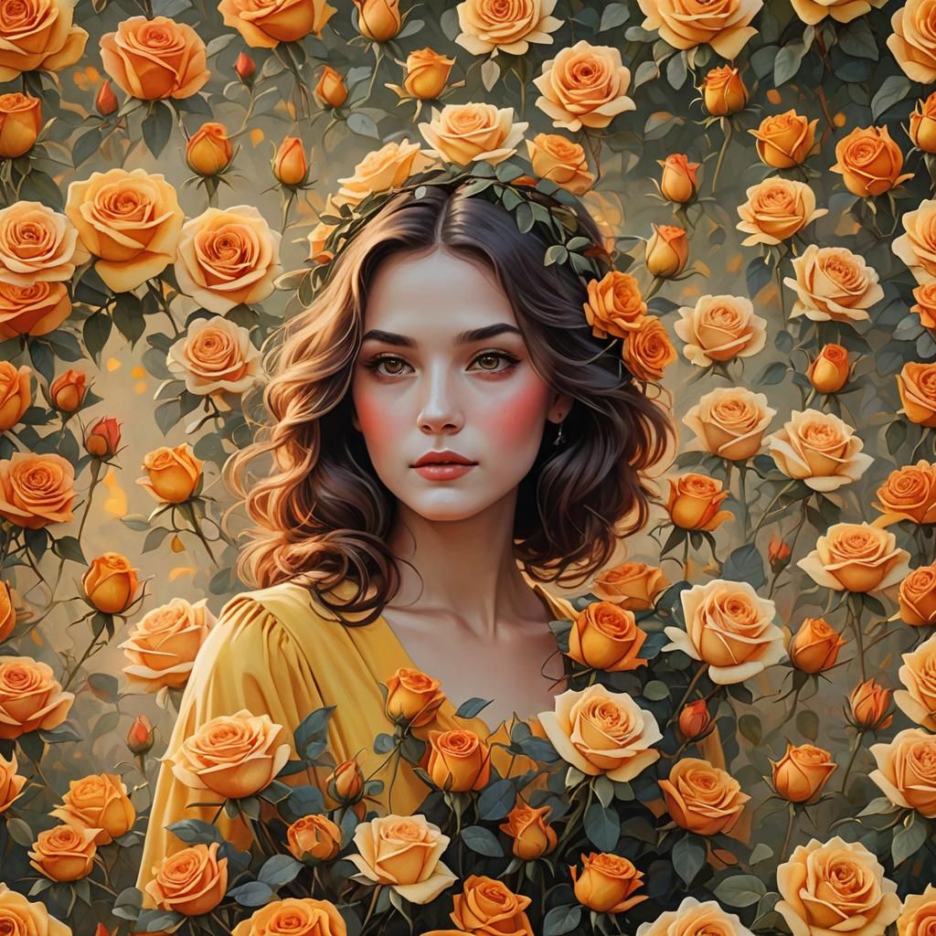 Lady in Roses at Sunrise: Enchanting Floral Portrait