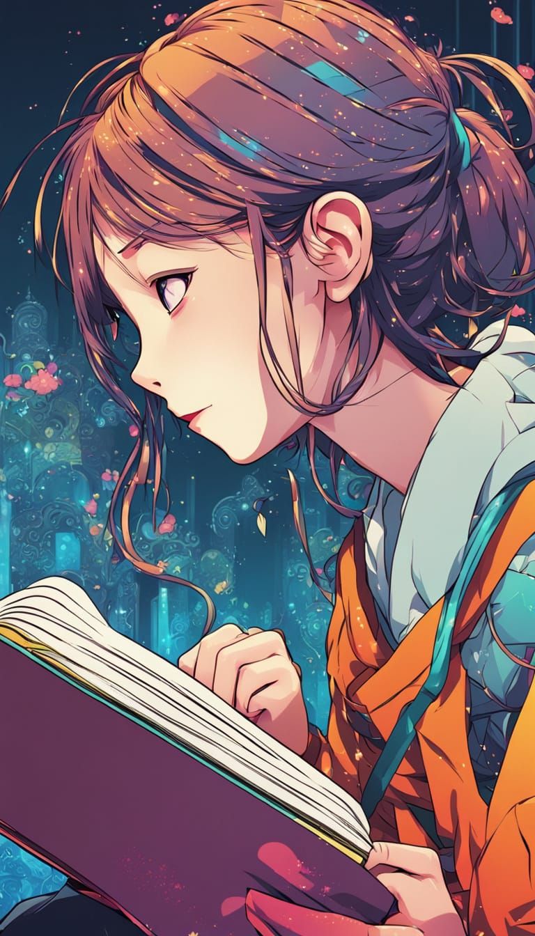 Anime Girl Reading Book in Manga Style