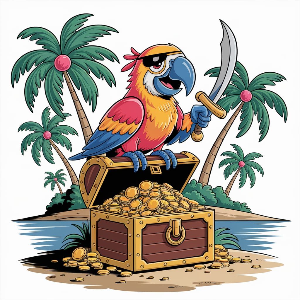 Parrot Pirate Guarding Treasure Chest in Cartoon Style
