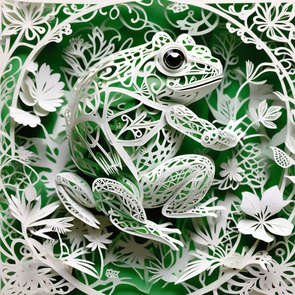 Intricate Kirigami Toad: Green and White Art