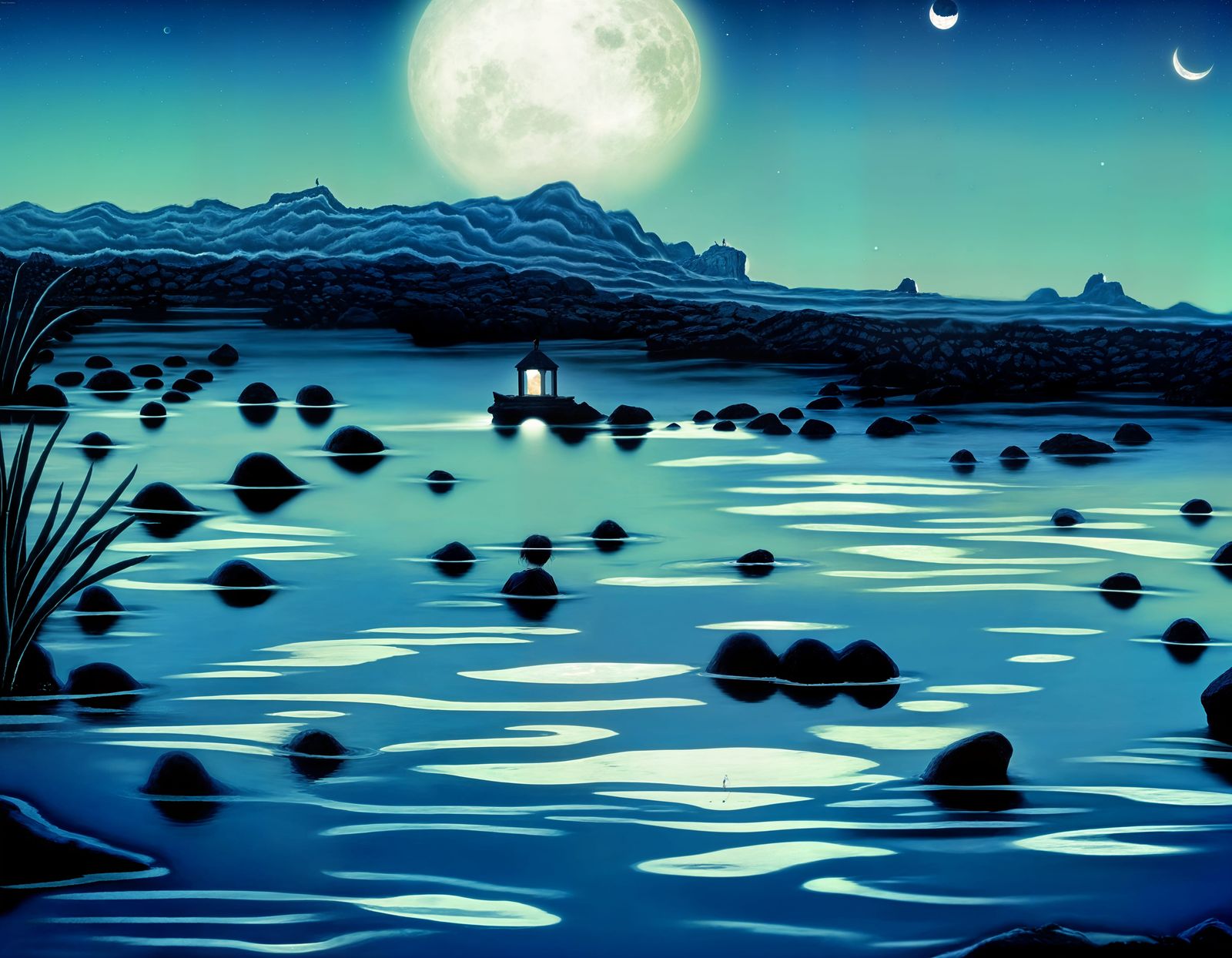 Moonlit Girl in Black Robe Under Starry Sky