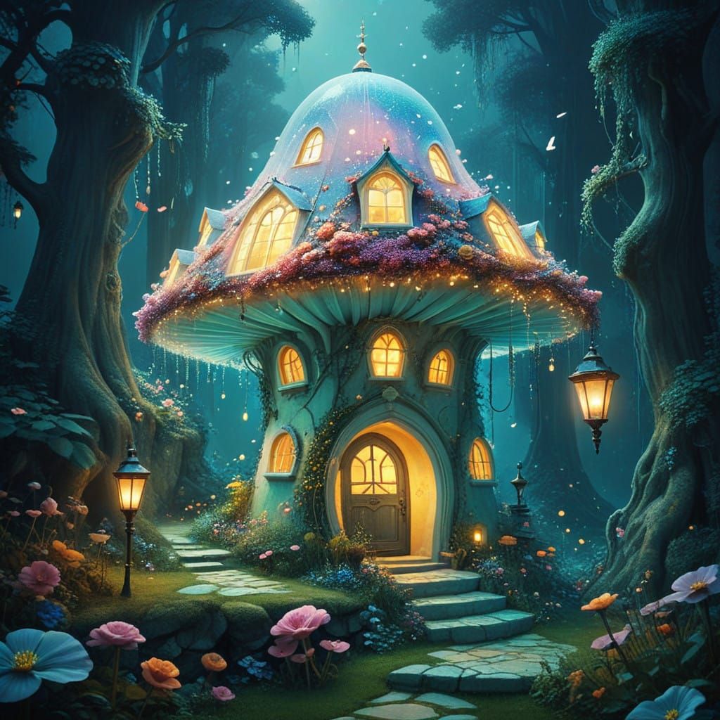 Surreal Mushroom Castle in Vibrant Colors