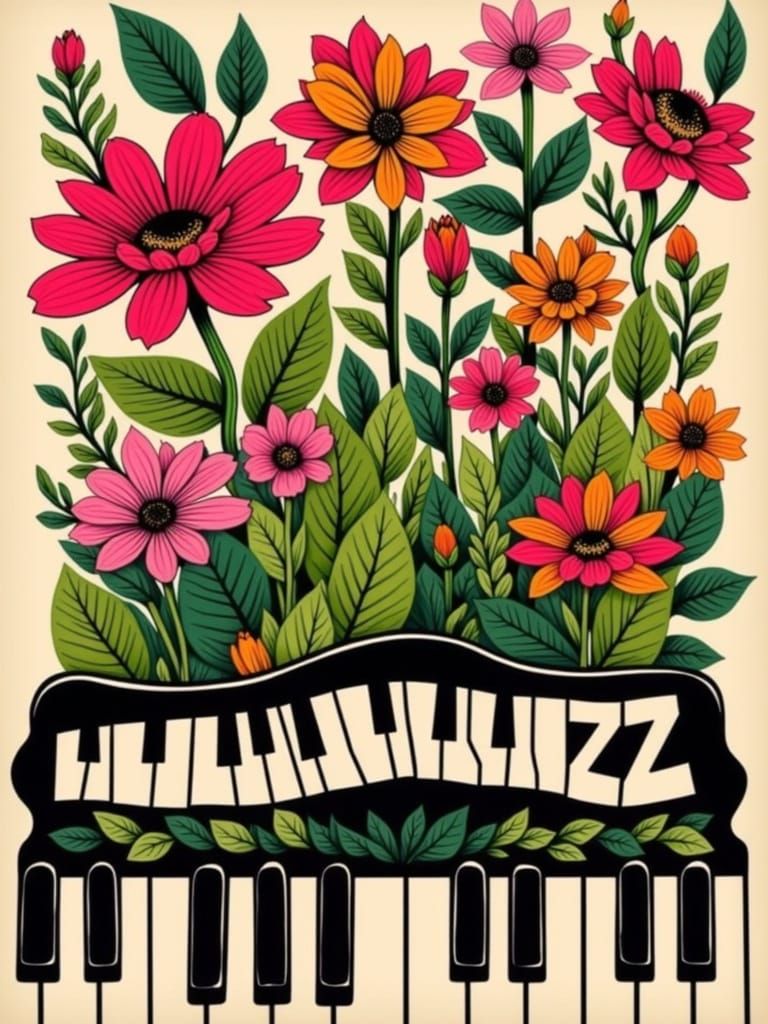 Surreal Floral Jazz Fusion in Vibrant Pencil Sketch Style