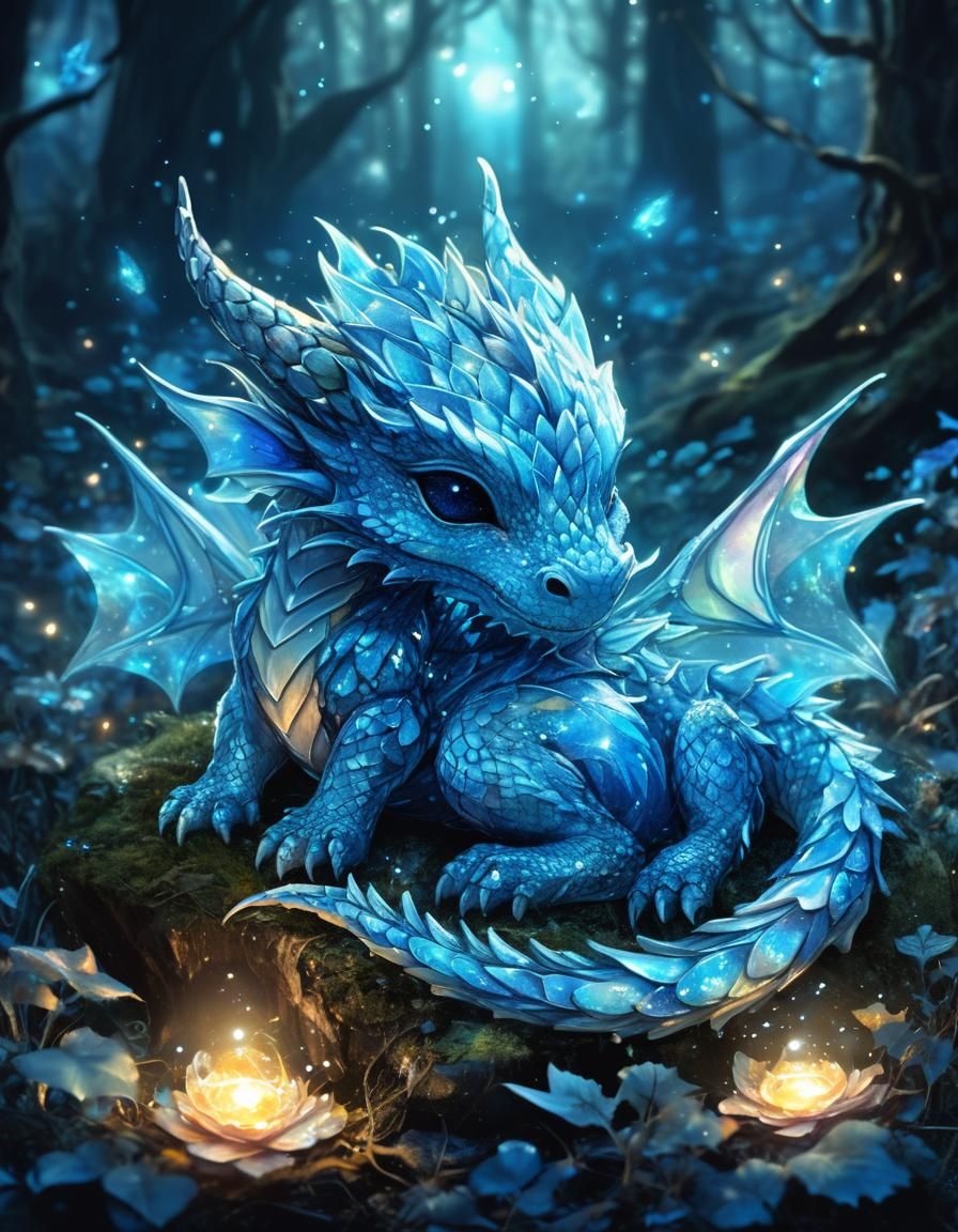 Crystal Chibi Dragon Sleeping in Enchanted Forest