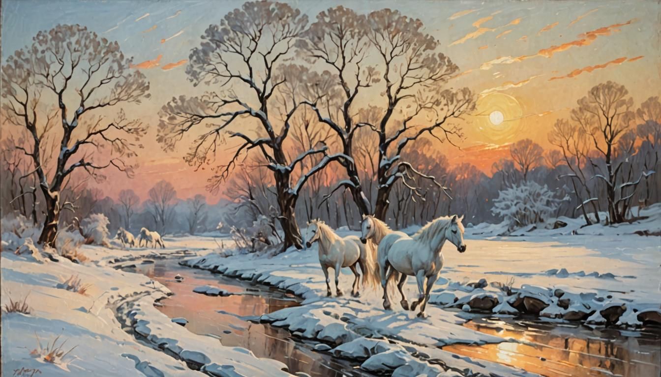 Lipizzaners in Snowy Landscape, Impressionistic Knife Painti...
