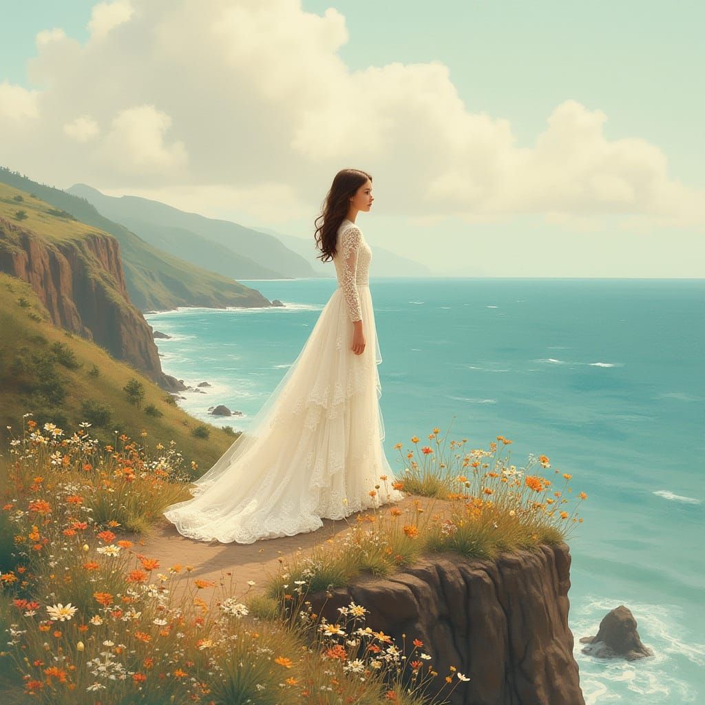 Girl in Wedding Dress on Cliff with Wildflowers