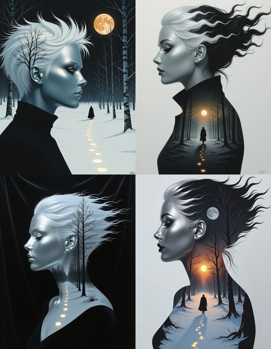 Surreal Metallic Figure with Winter Forest Silhouette