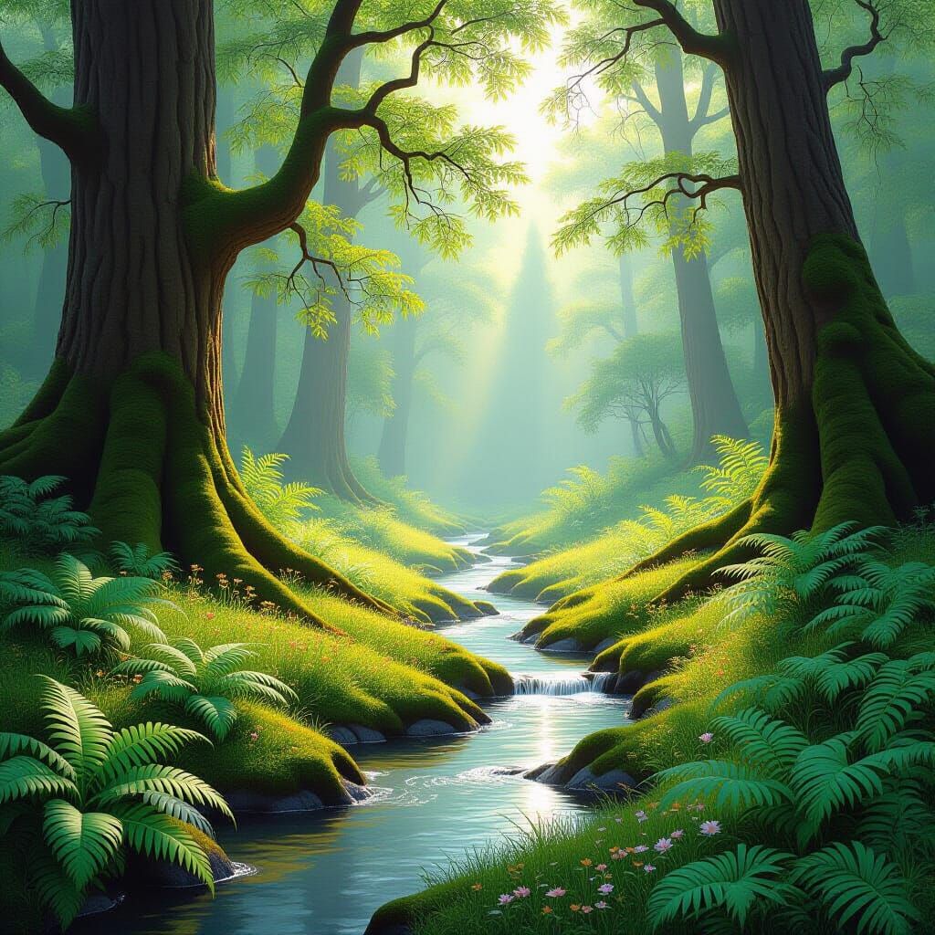 Sun-Dappled Forest Clearing: A Serene Digital Painting