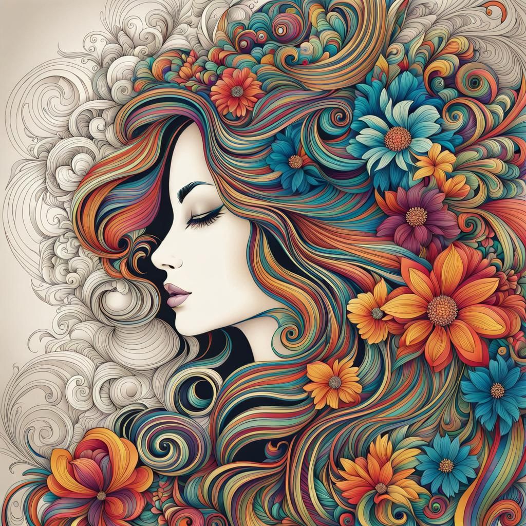 Woman in Floral Design: Intricate Line Drawing