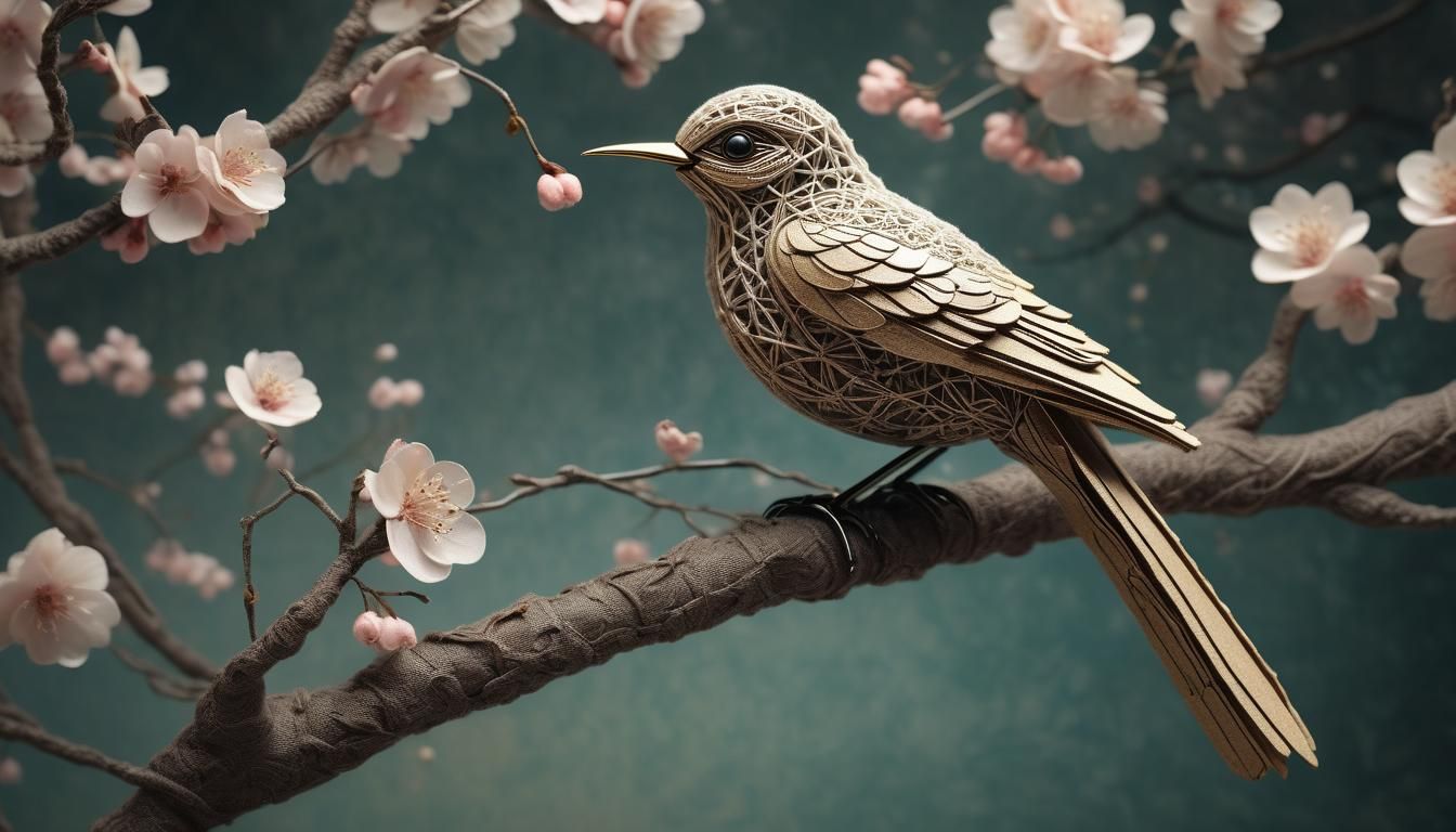 Vintage String Bird on Cherry Blossom Branch
