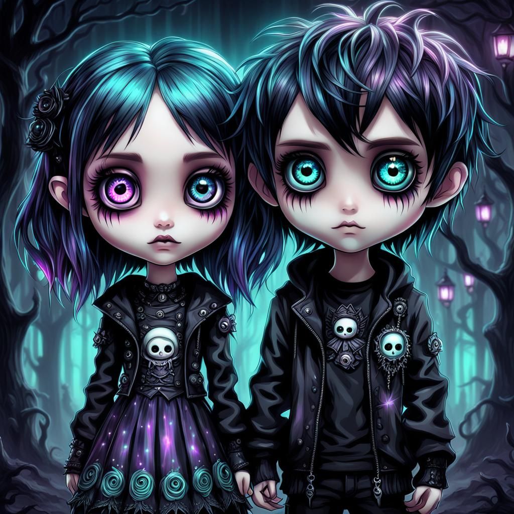 Iridescent Chibi Gothcore Couple in Tim Burton Style