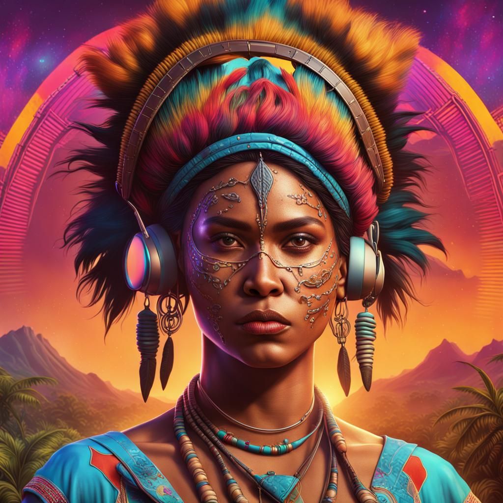 Hyperrealistic Amerindian Woman, 80s Music Cover Art