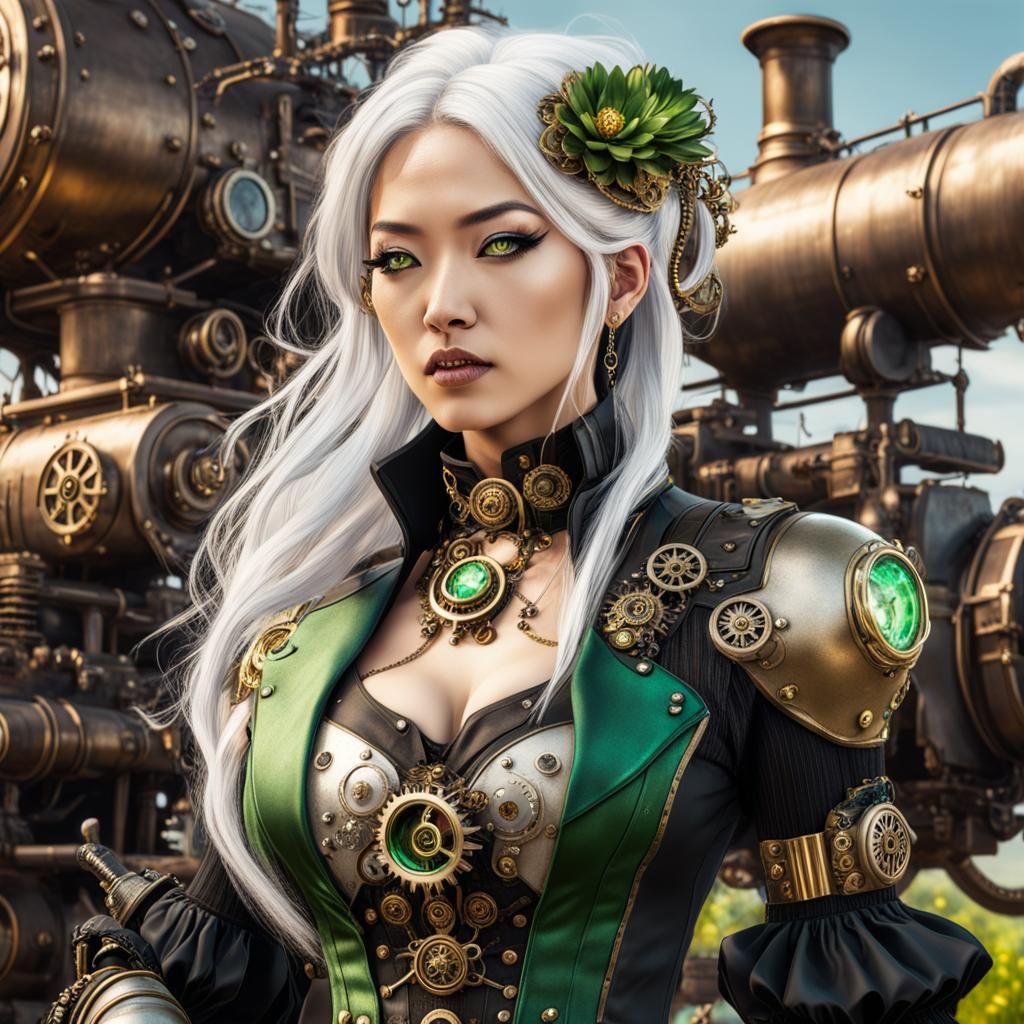 Beautiful Asian Steampunk woman dressed in an Steampunk outfit