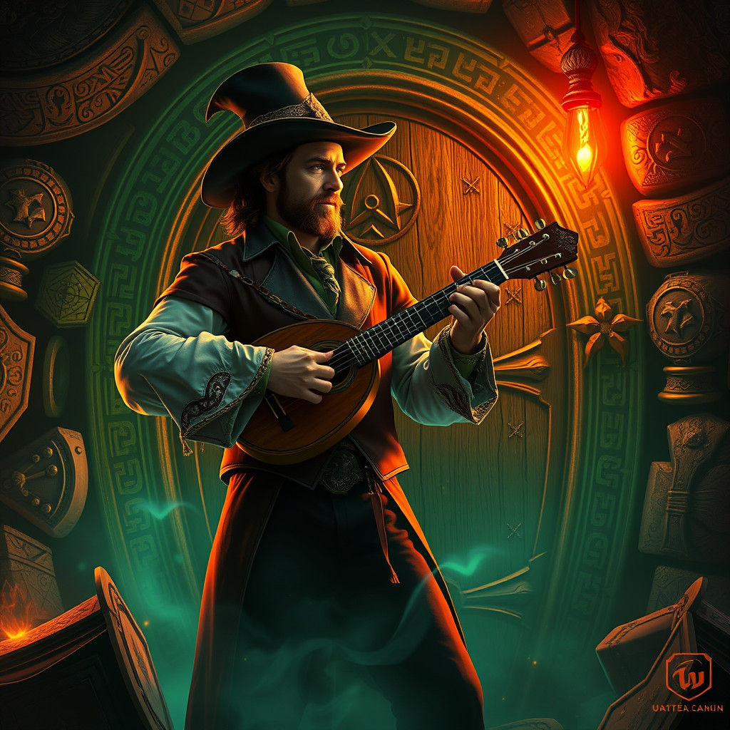 Bard Seduces Mystical Dungeon Door in Fantasy Art Style