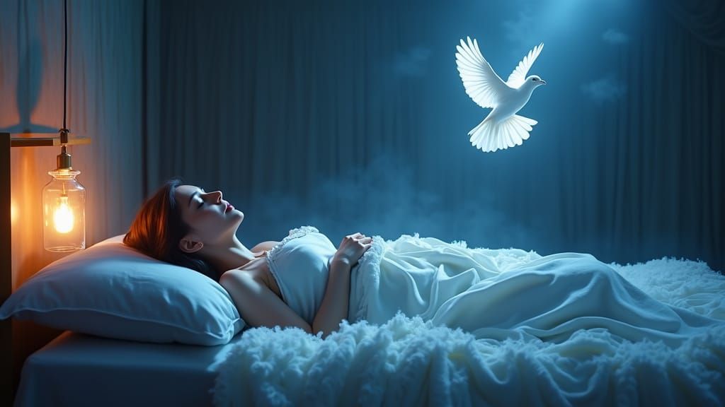 Serene Woman in Twilight Sanctuary with Luminous Cross