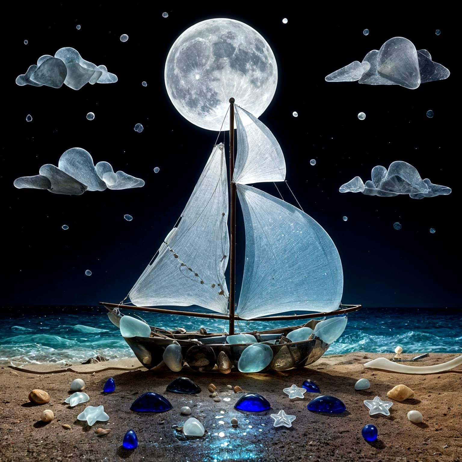Sea Glass Sailboat Under Moonlit Sky