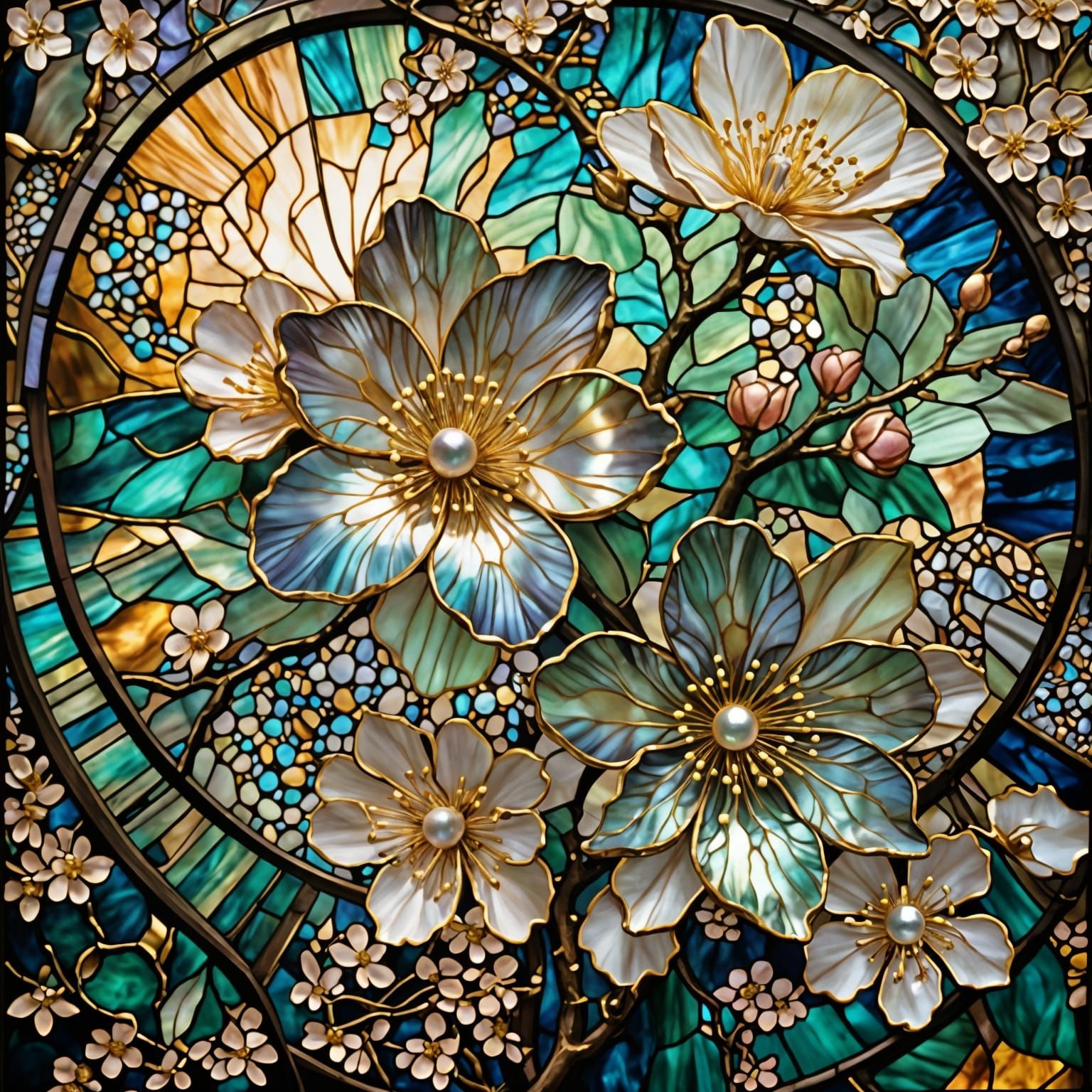 Kintsugi in Abalone Stained Glass with Blossoms