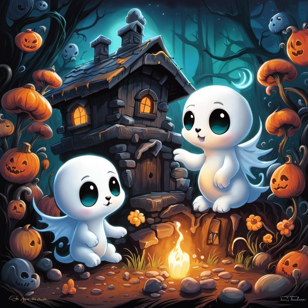 Chibi Ghost and Puppy in Haunted Graveyard
