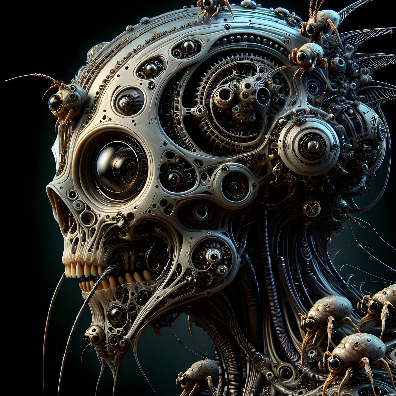 Biomechanical Entity with Insect-like Features in Dark Surre...