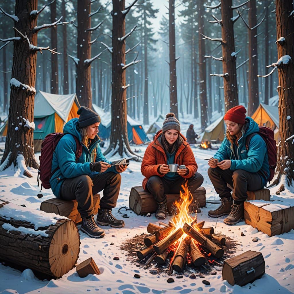 Vibrant Winter Campsite Scene in a Cyberpunk Art Style