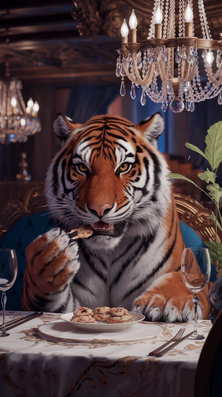Tiger Enjoys Dumplings in Richly Decorated Restaurant