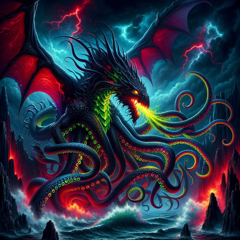 Surreal Cosmic Horror: Dragon-Octopus Hybrid in Stormy Black...