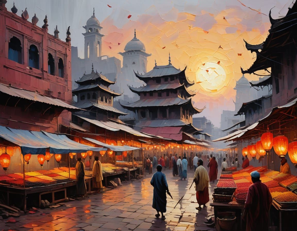 Indian Market Sunset in Impasto Palette Knife Style