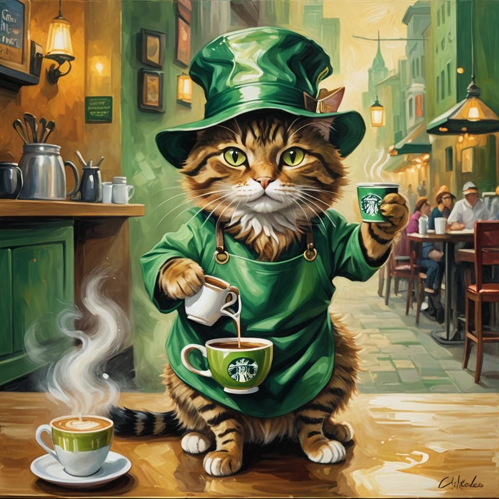 Cat Barista in Art Nouveau Oil Painting