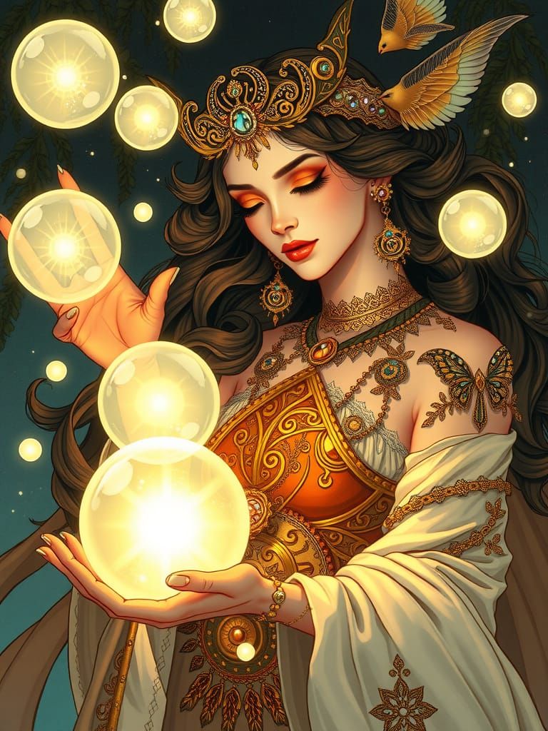 Enchantress Conjuring Magic Orbs, Art Nouveau Illustration