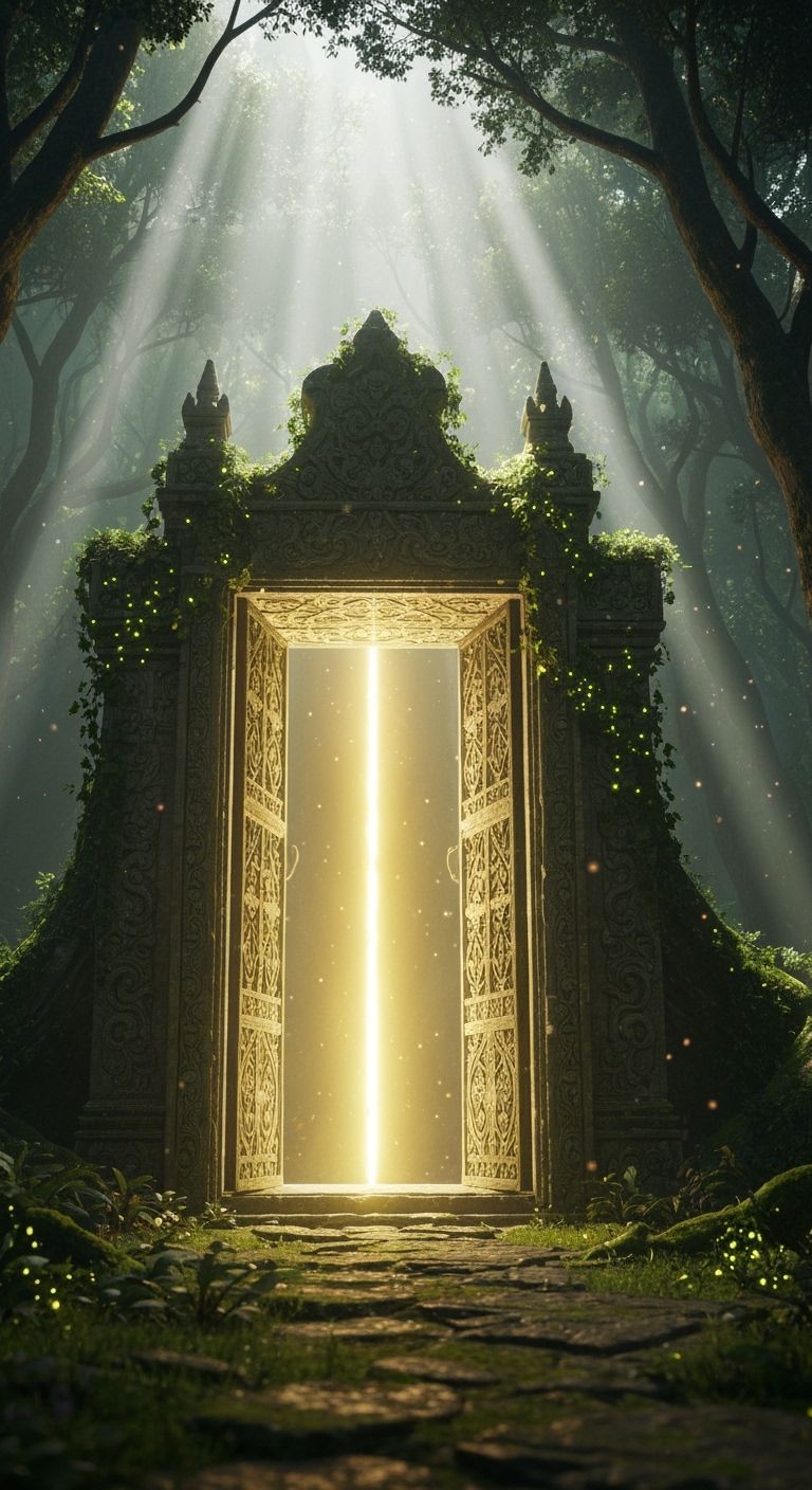 Ancient Stone Portal with Golden Light in Forest