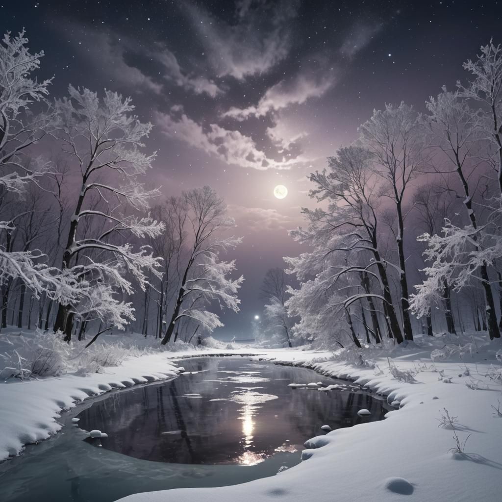 Majestic Winter Pond Under Moonlight in Digital Art