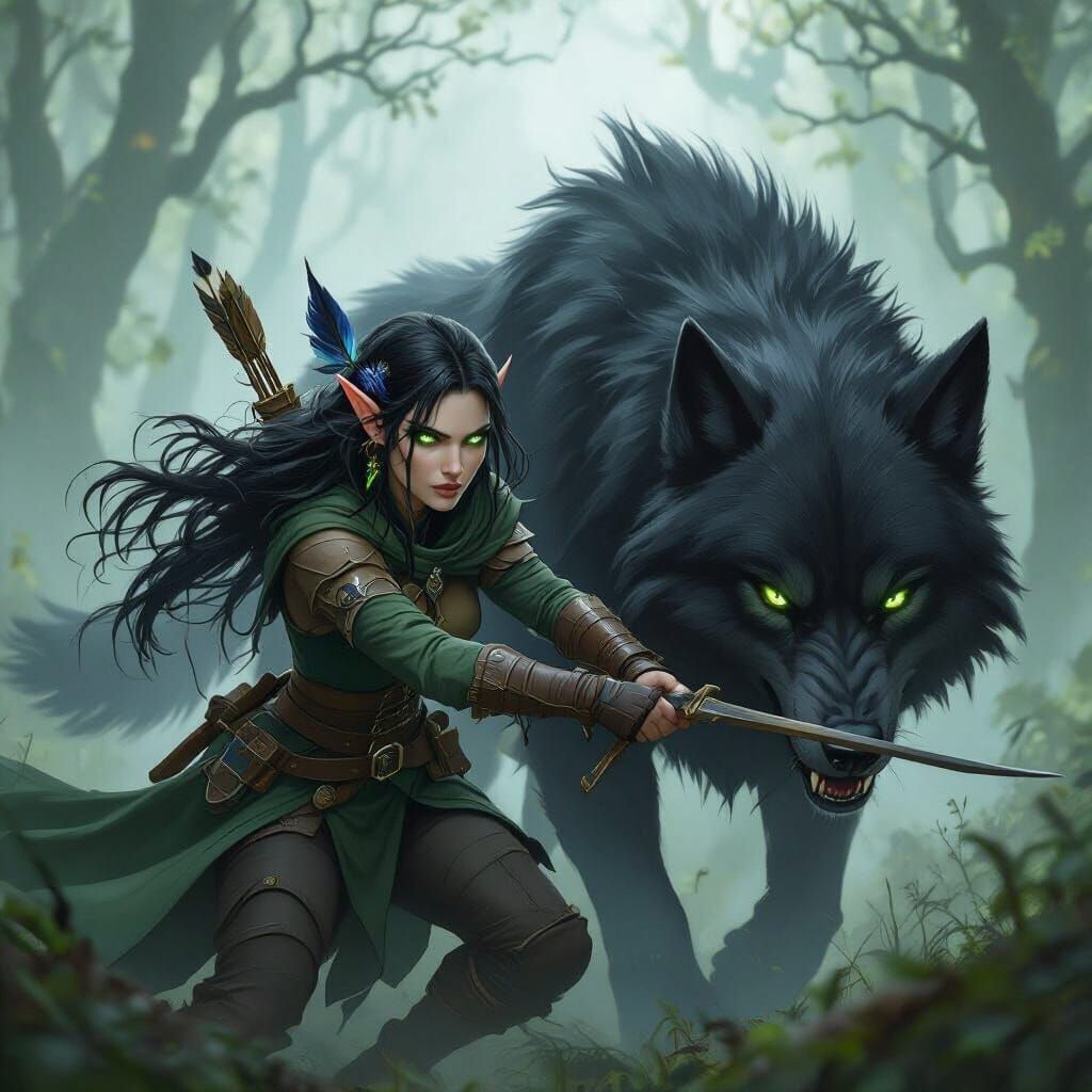 Wood Elf Ranger and Dire Wolf in Mystical Forest