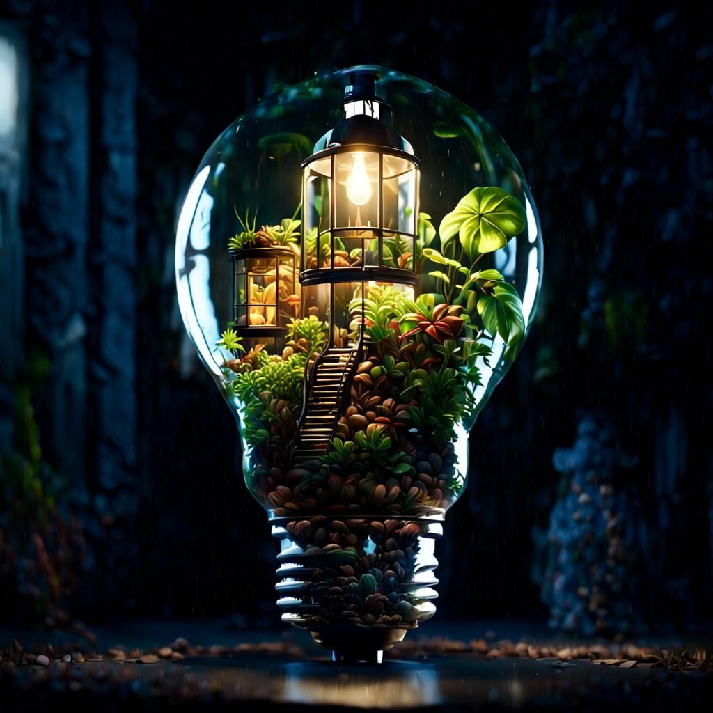 Terrarium in Light Bulb: Dark Fantasy Concept Art