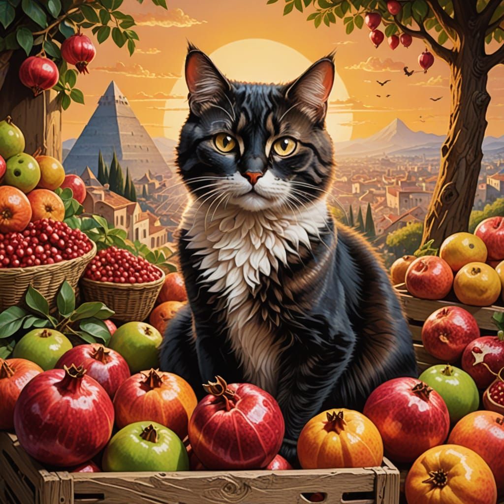 Regal Whiskered Cat Emerge from Pomegranate in Vibrant Medit...