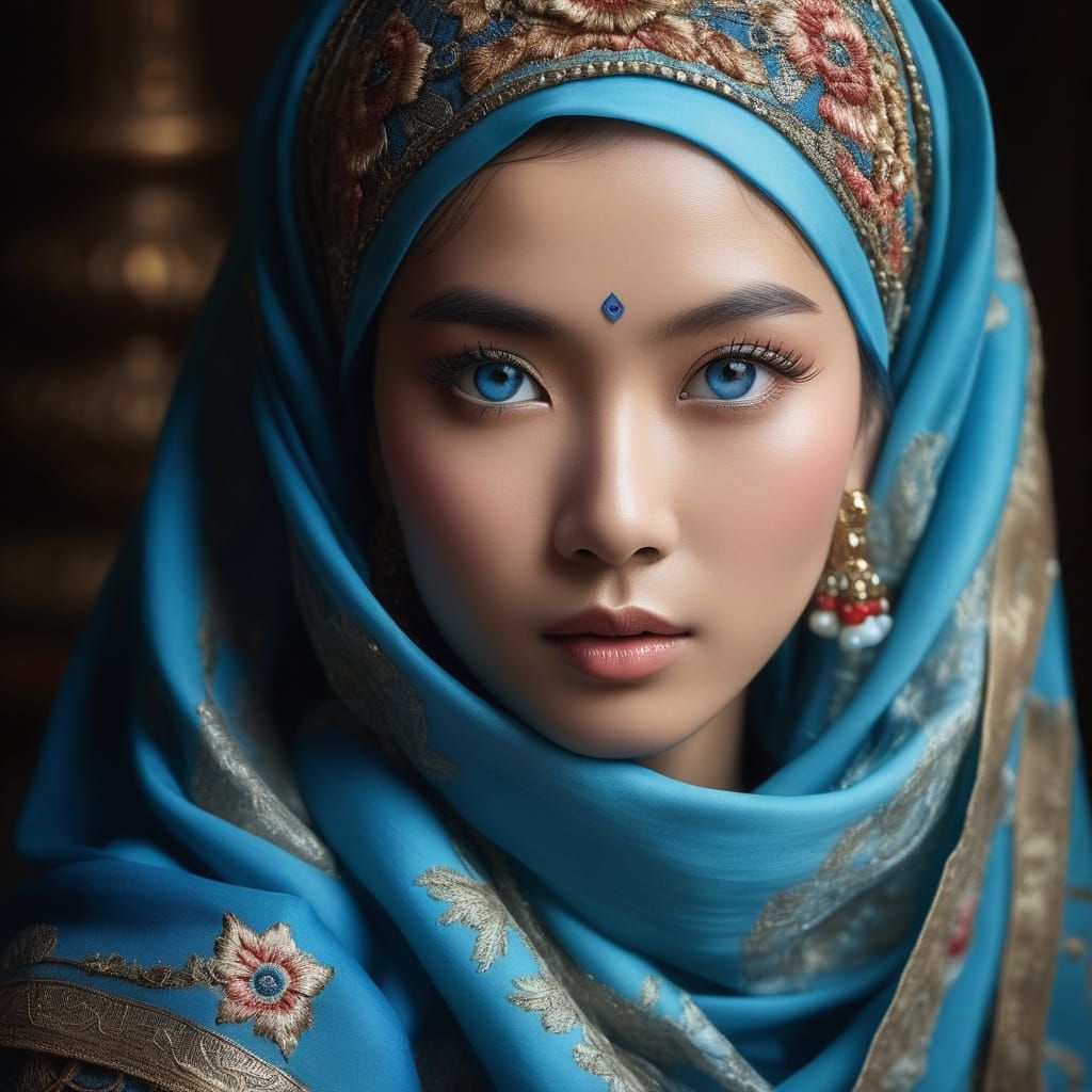 Asian Woman with Hypnotic Blue Eyes and Ornate Headscarf