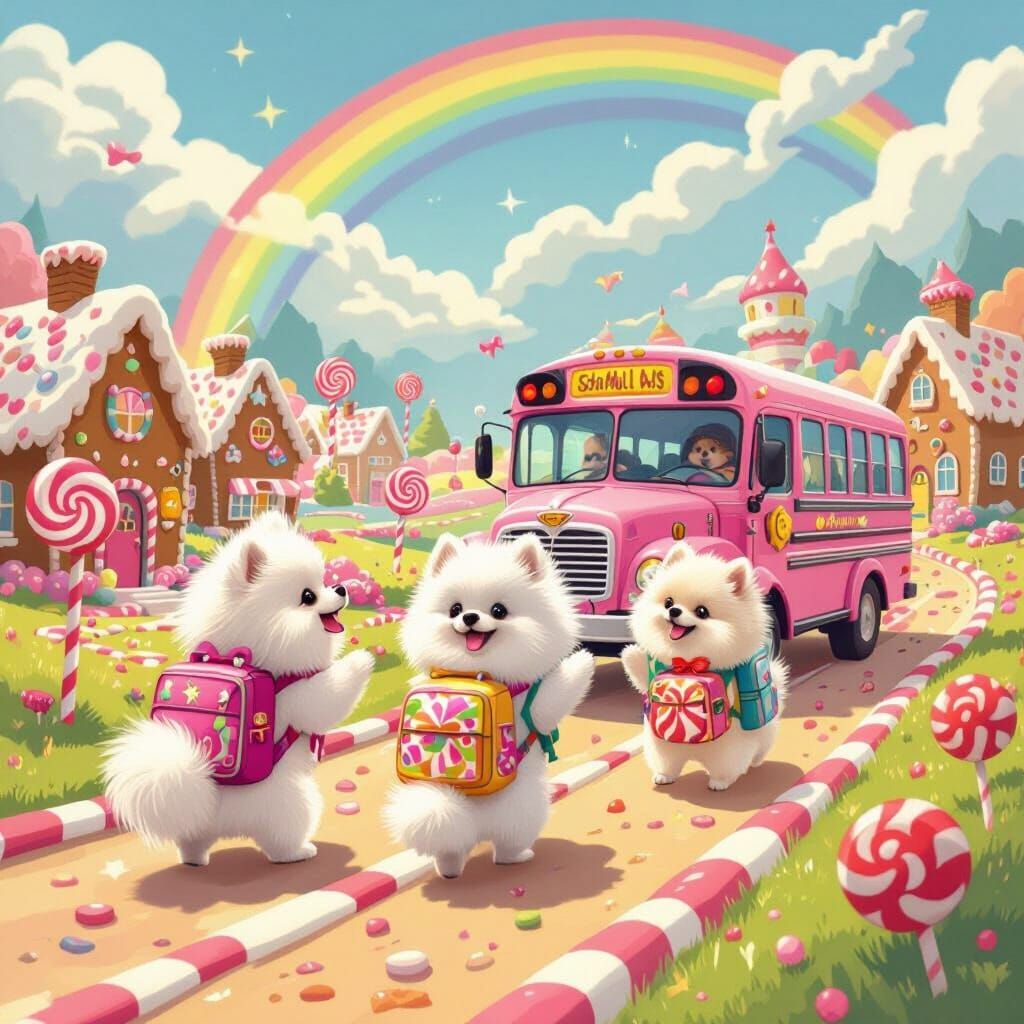 Pomeranians Cheer for Candy Cane School Bus in Candy Land