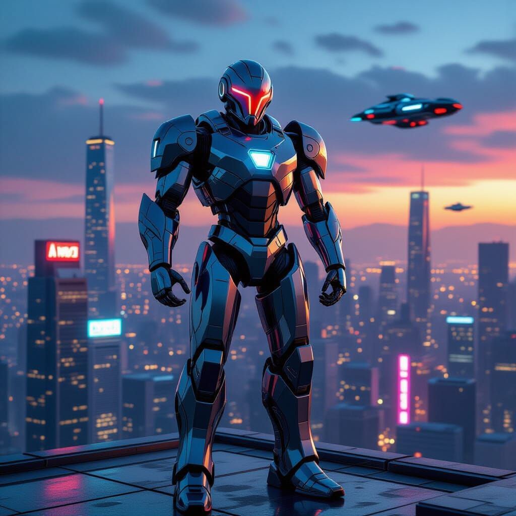 Gleaming Robot Warrior at Dusk in Futuristic City