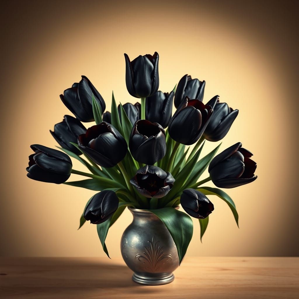 Ultra-Realistic Black Tulip Bouquet in Antique Vase