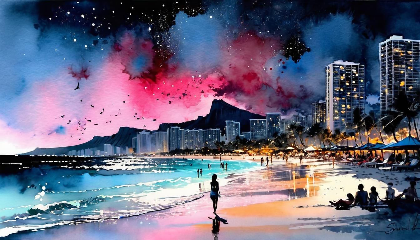 Midnight Nebula Sky over Waikiki Beach Paradise