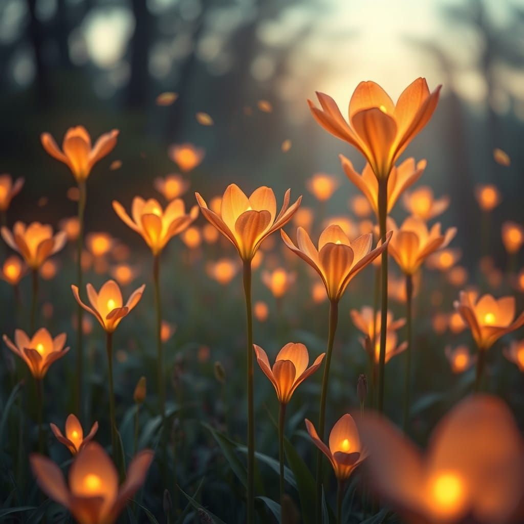 Whimsical Firefly Lilies Bloom in a Dreamy Landscape