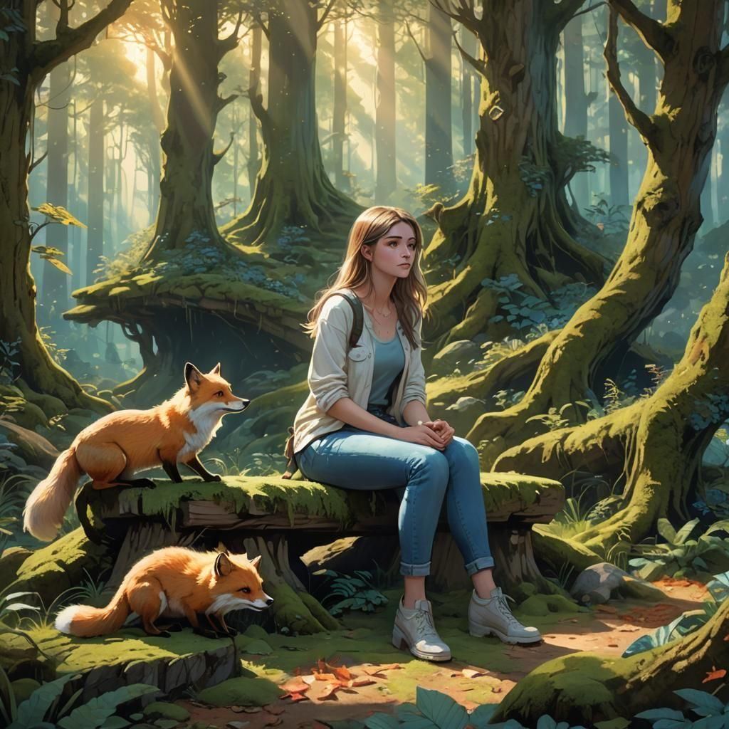 Magical Forest Scene with Girl and Animals