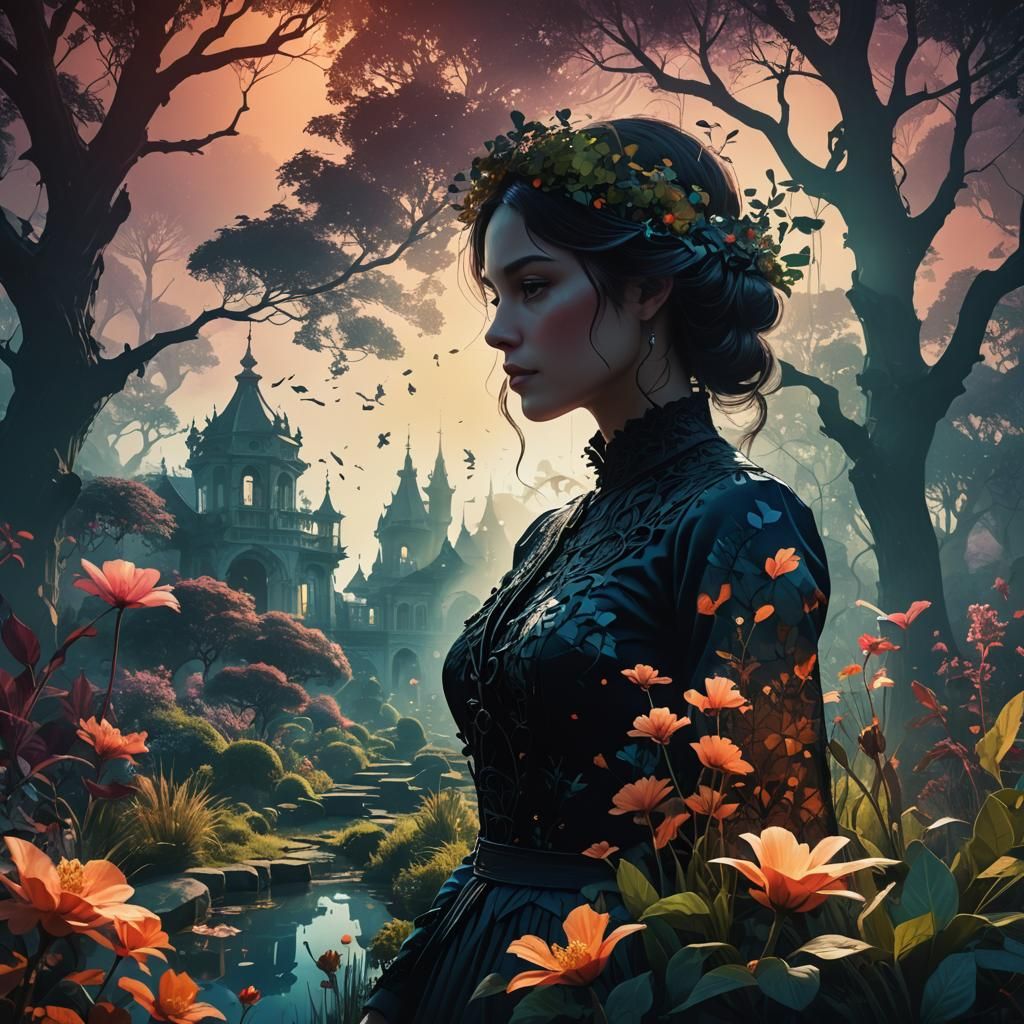 Silhouette in Dreamy Garden Landscape, Detailed Matte Painti...