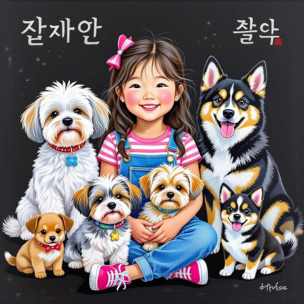 Young Korean American Girl With Diverse Pets In Chalk Art St...