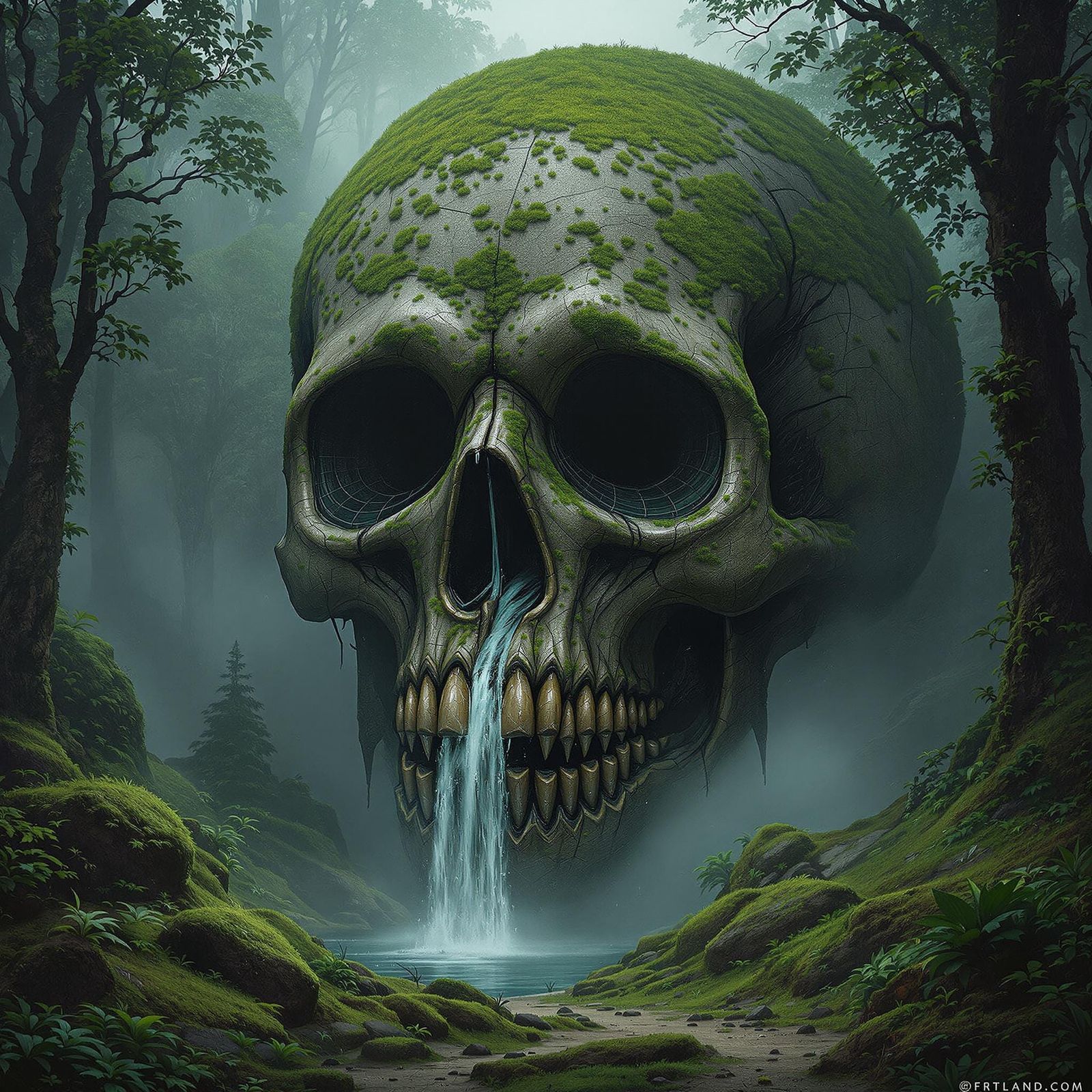 Ancient Skull Amidst Primeval Forest with Cascading Waterfal...