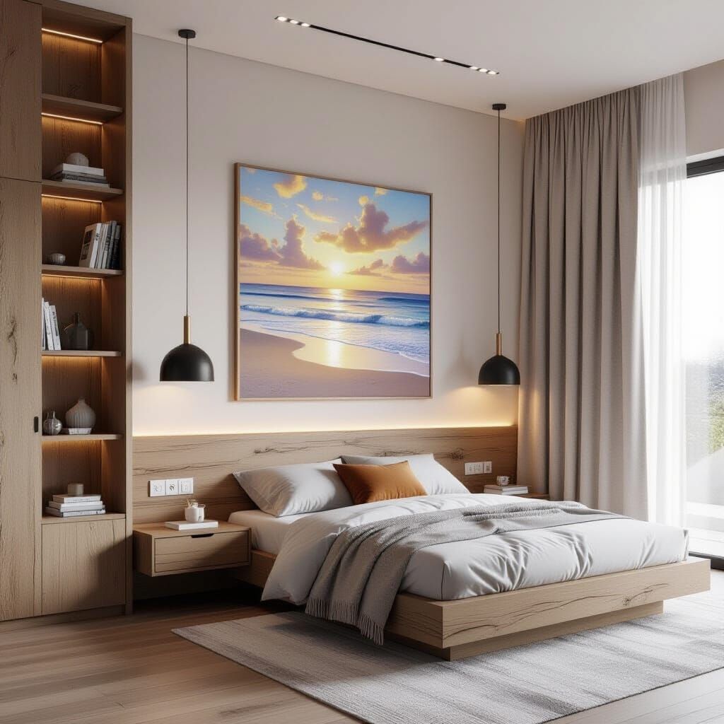 Serene Modern Bedroom with Beach Art