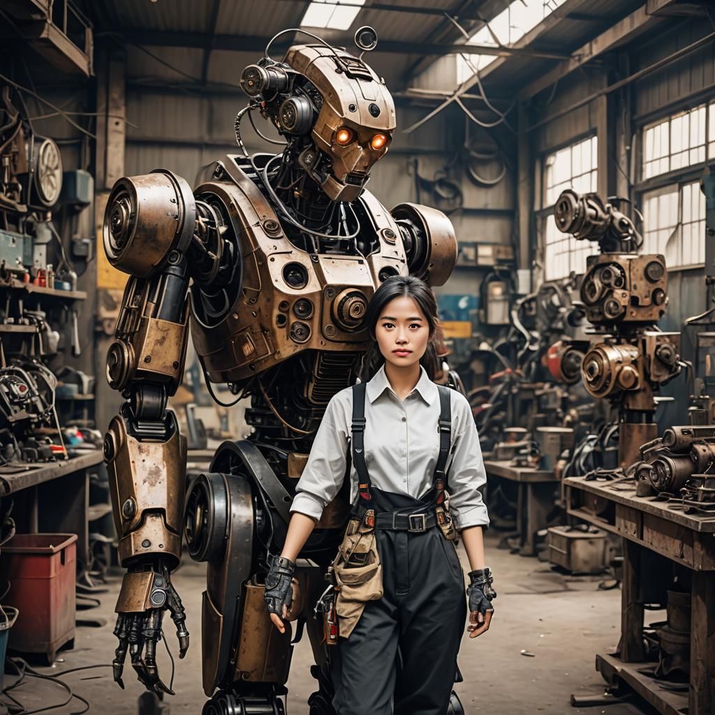 Vietnamese Engineer Repairs Robot in Steampunk Workshop