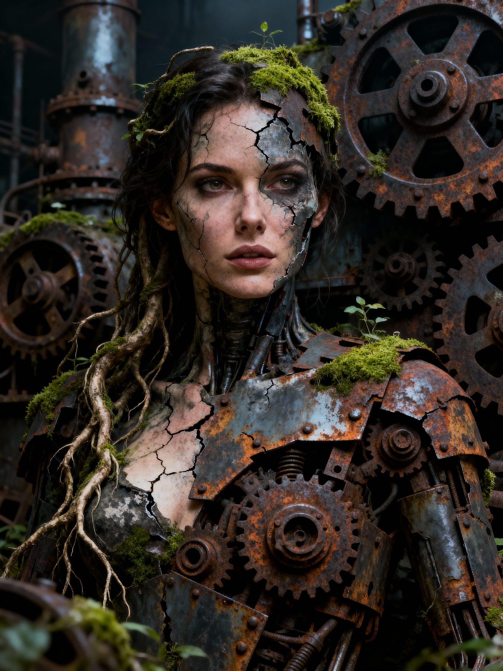 Surreal Dystopian Portrait Fused with Nature and Steel