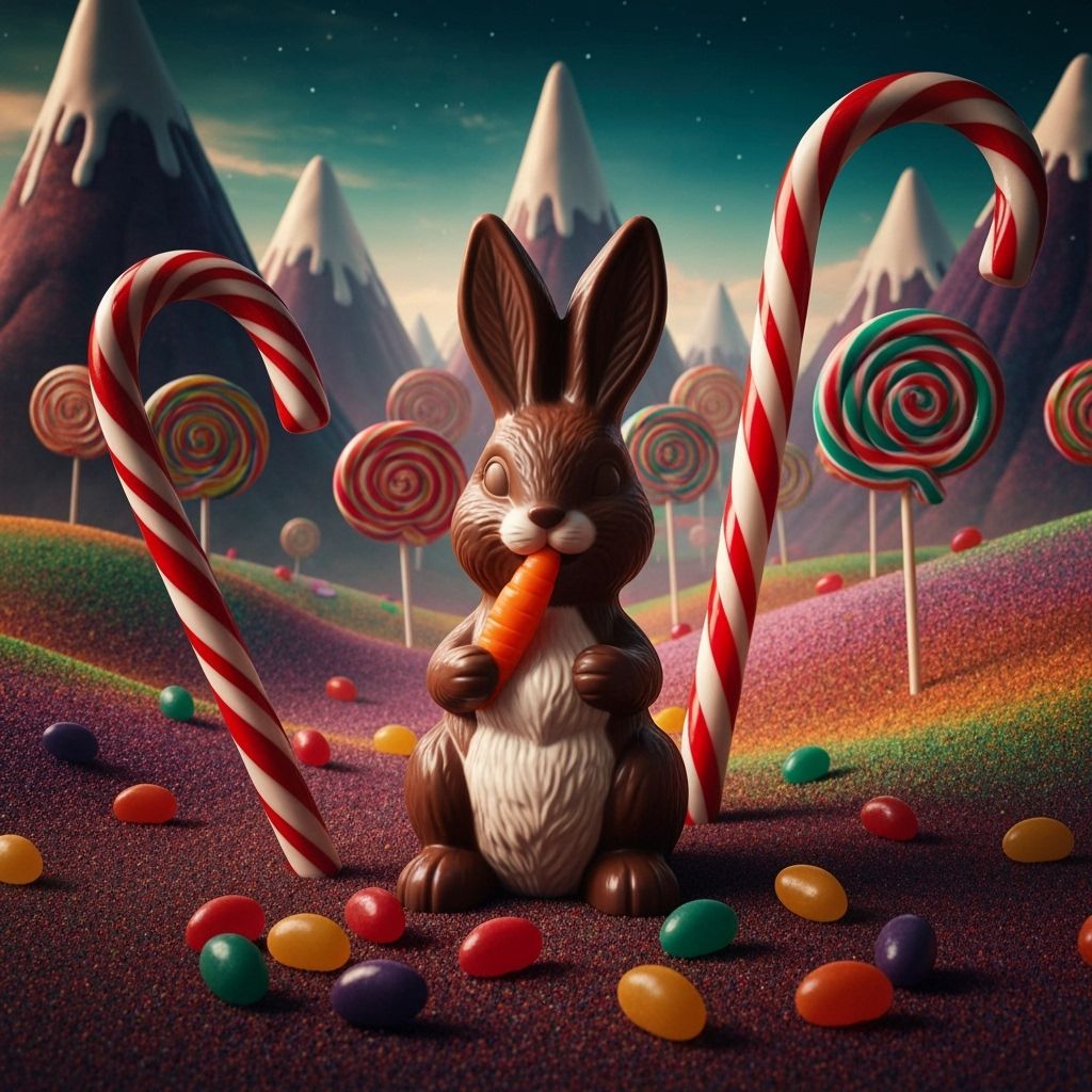 Chocolate Bunny Eats Candy Carrot in Vibrant Candyland