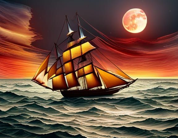 Sail Ship on Green Waves with Blood Moon